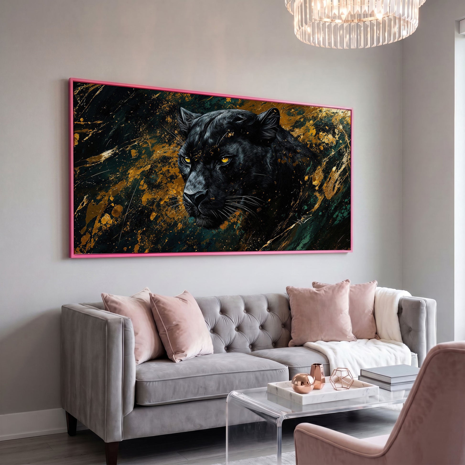 Black Panther Wildlife Canvas in pink floating frame
