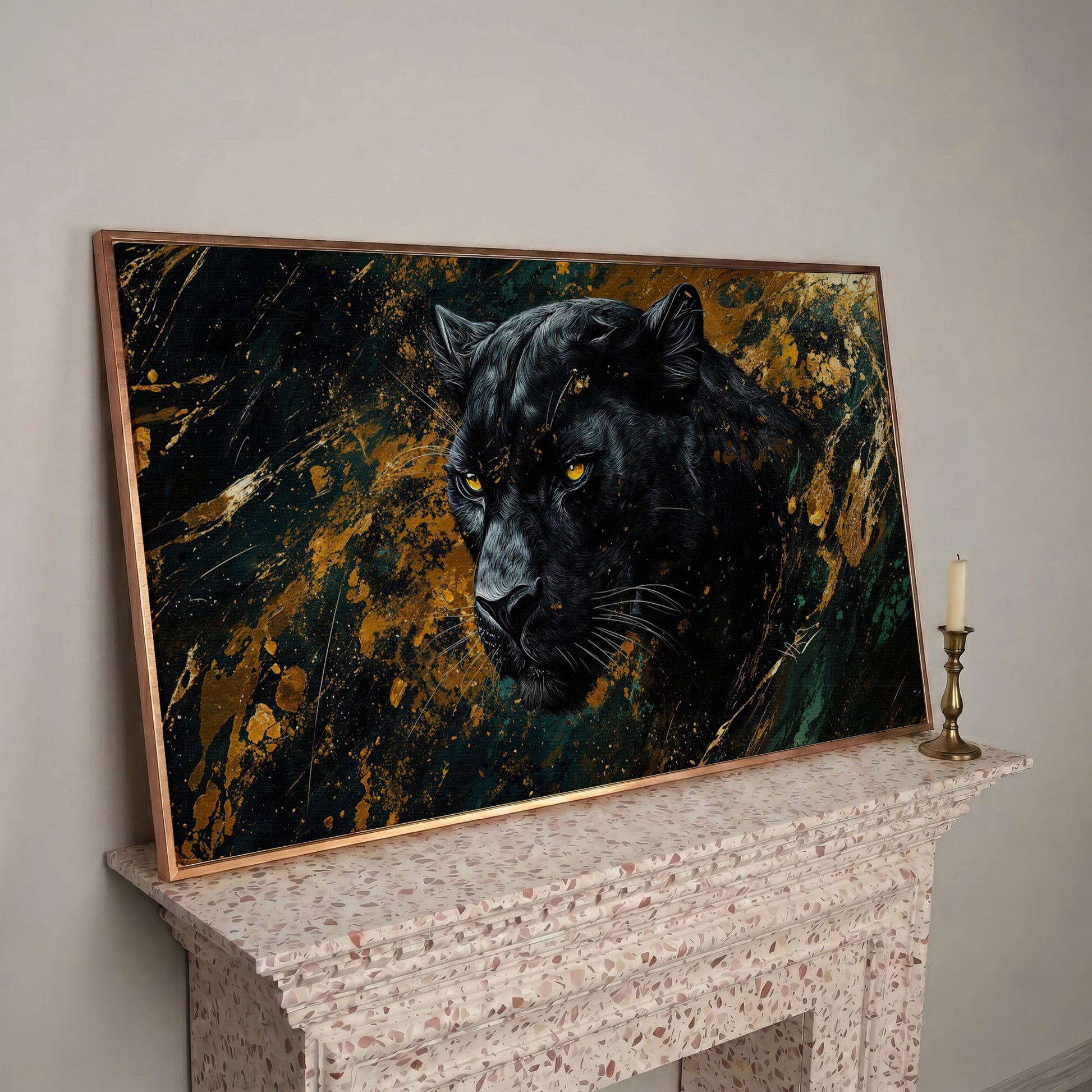 Black Panther Wildlife Canvas in rose gold floating frame