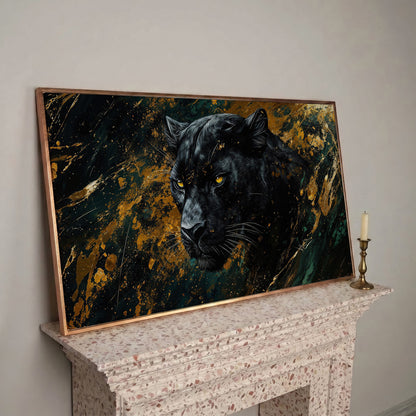 Black Panther Wildlife Canvas in rose gold floating frame