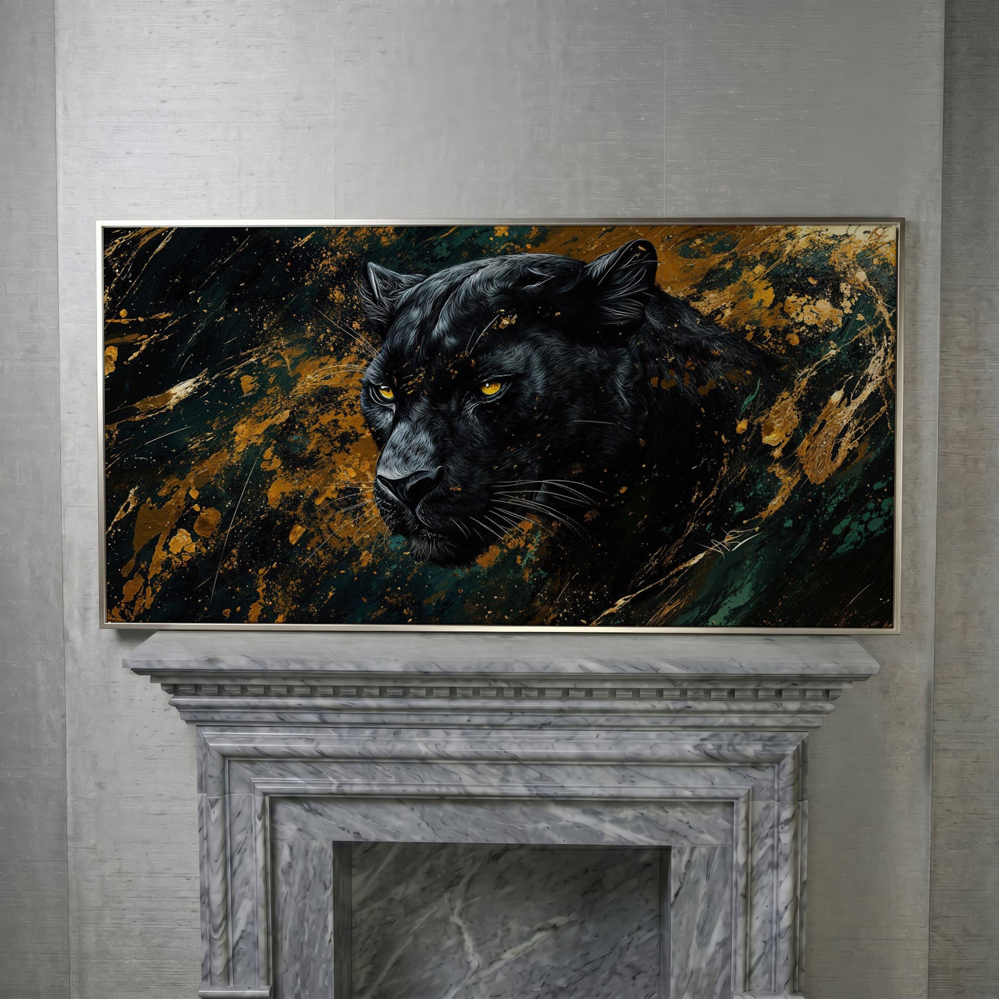 Black Panther Wildlife Canvas in silver floating frame