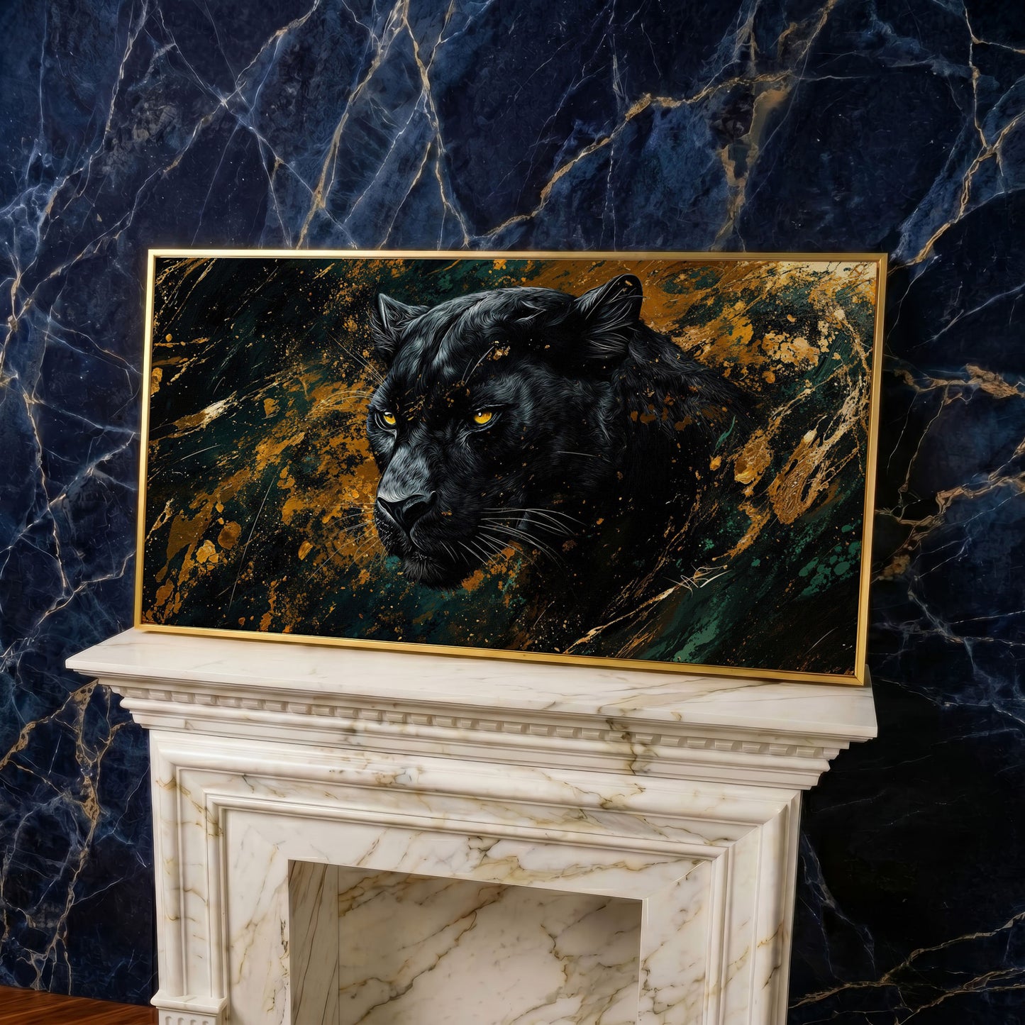 Black Panther Wildlife Canvas in yellow gold floating frame