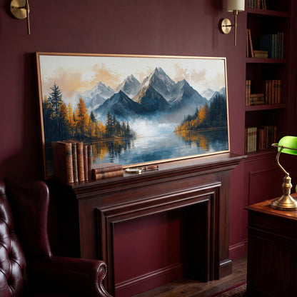 Mountain Vista with Autumn Forest Canvas Print in antique gold floating frame