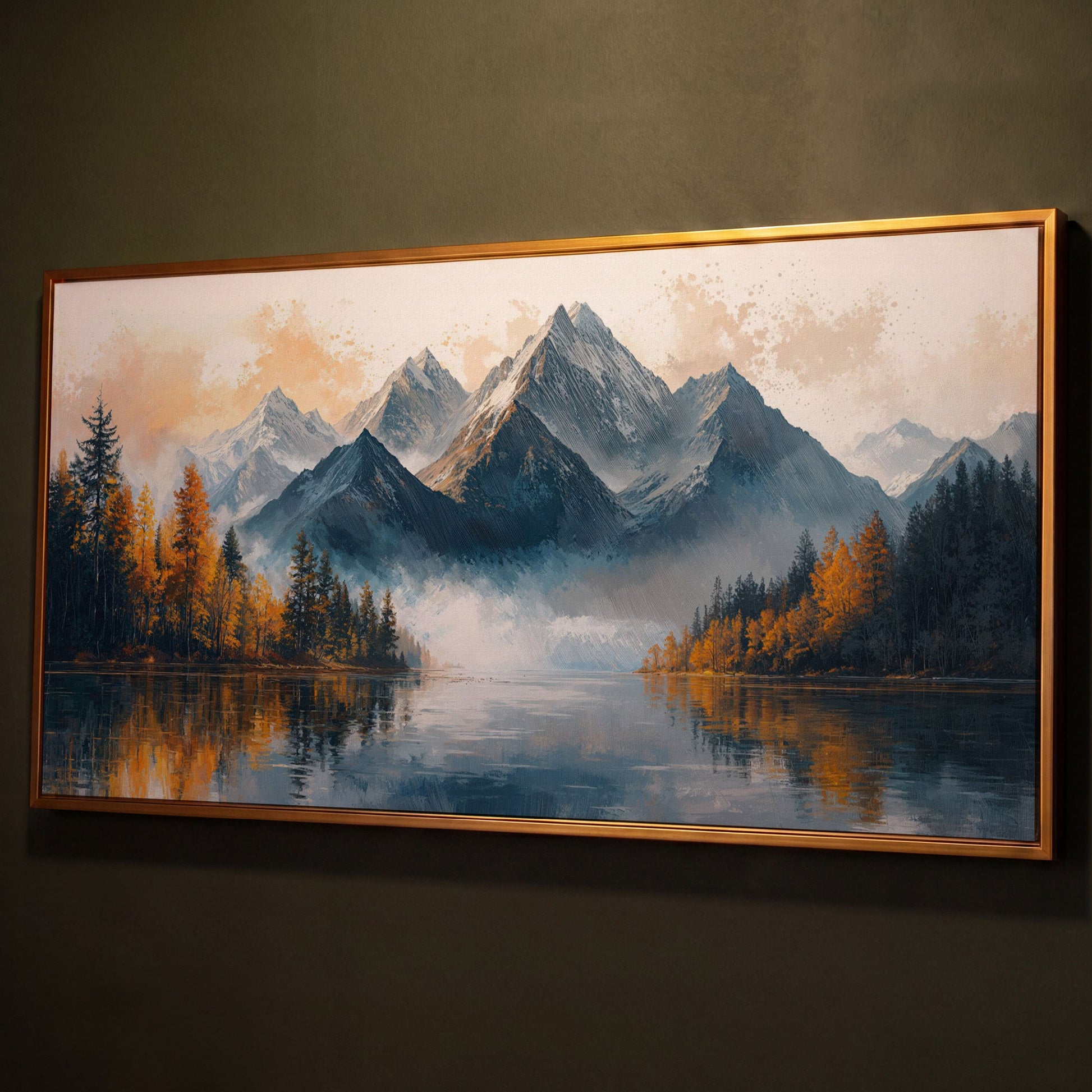 Mountain Vista with Autumn Forest Canvas Print shown in antique gold floating frame