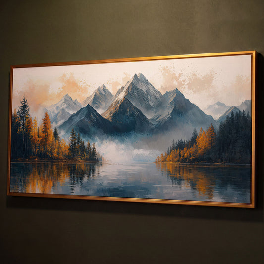 Mountain Vista with Autumn Forest Canvas Print shown in antique gold floating frame