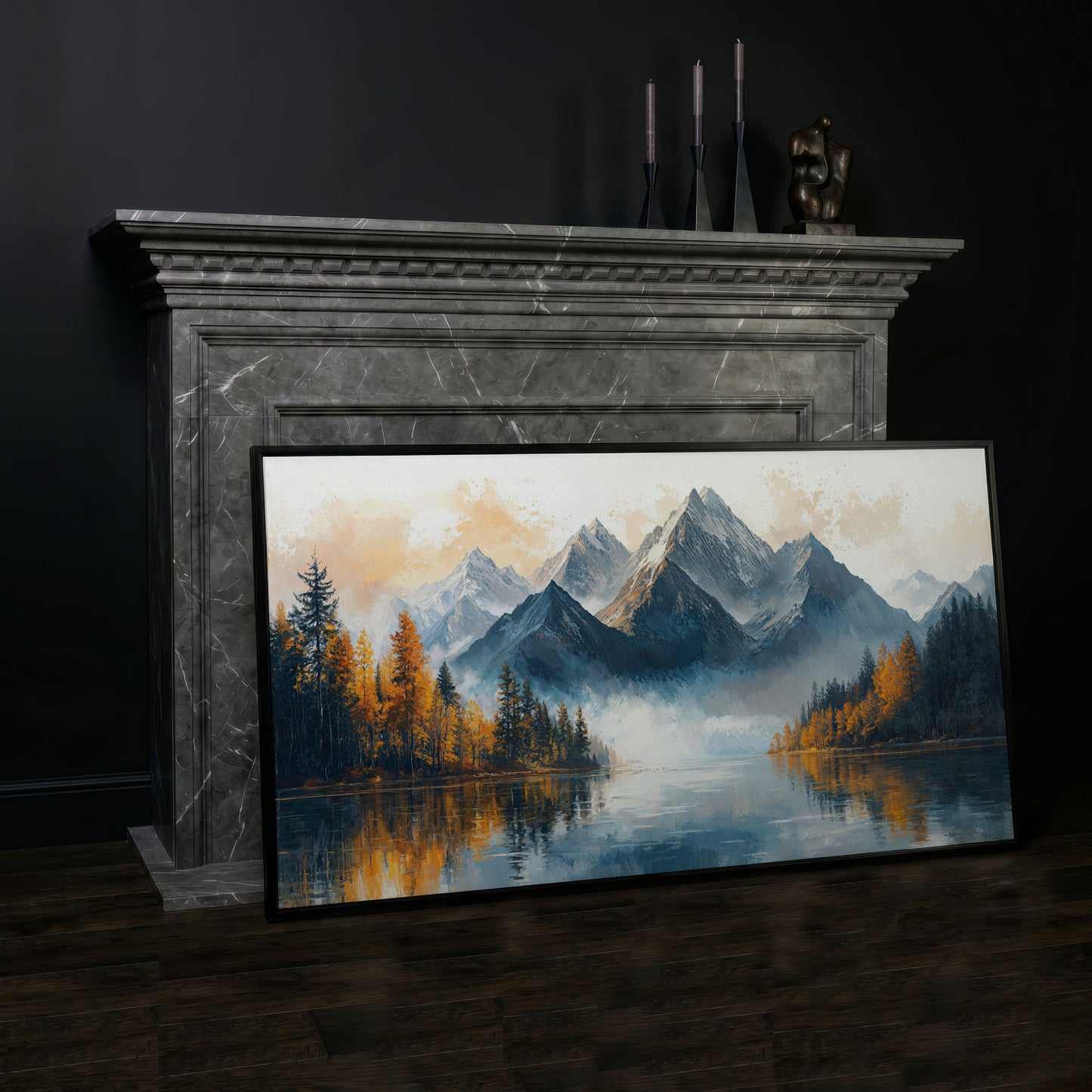 Mountain Vista with Autumn Forest Canvas Print in black floating frame