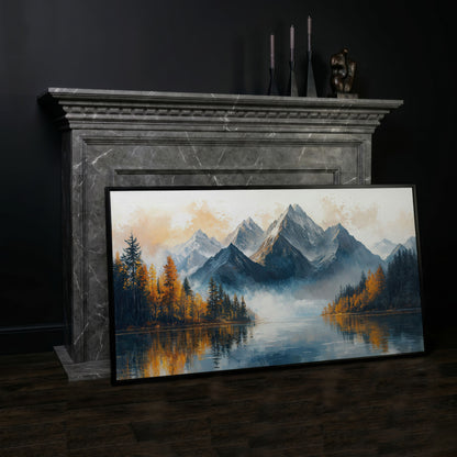 Mountain Vista with Autumn Forest Canvas Print in black floating frame
