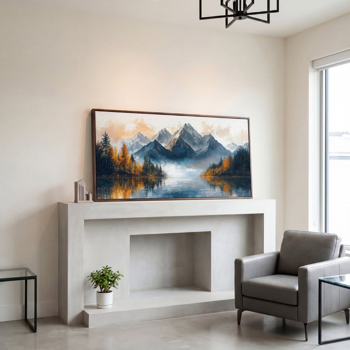 Mountain Vista with Autumn Forest Canvas Print in dark walnut floating frame