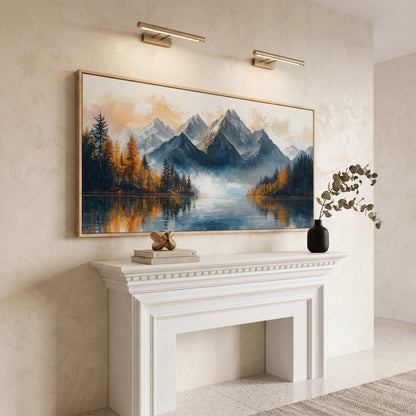 Mountain Vista with Autumn Forest Canvas Print in white oak floating frame