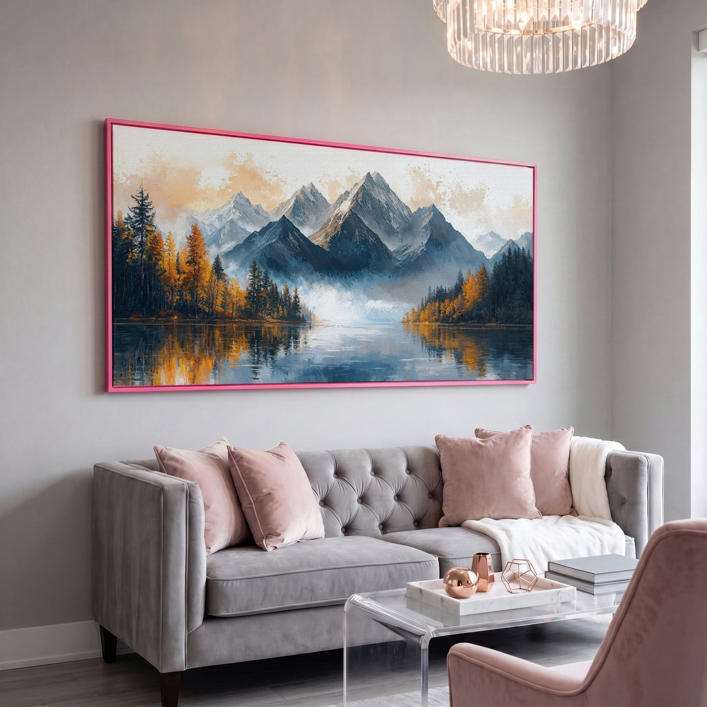 Mountain Vista with Autumn Forest Canvas Print in pink floating frame