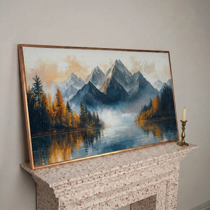 Mountain Vista with Autumn Forest Canvas Print in rose gold floating frame