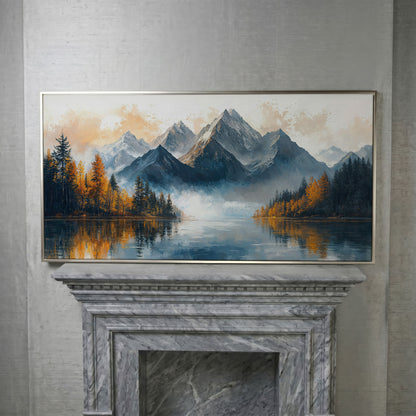 Mountain Vista with Autumn Forest Canvas Print in silver floating frame