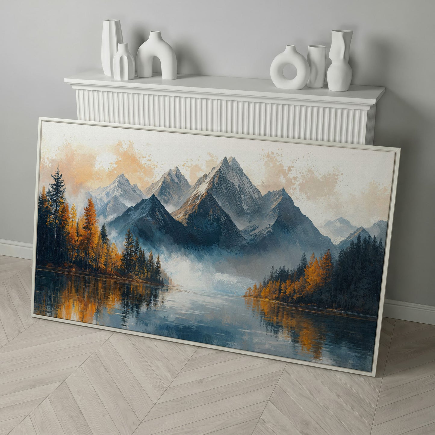 Mountain Vista with Autumn Forest Canvas Print in white floating frame