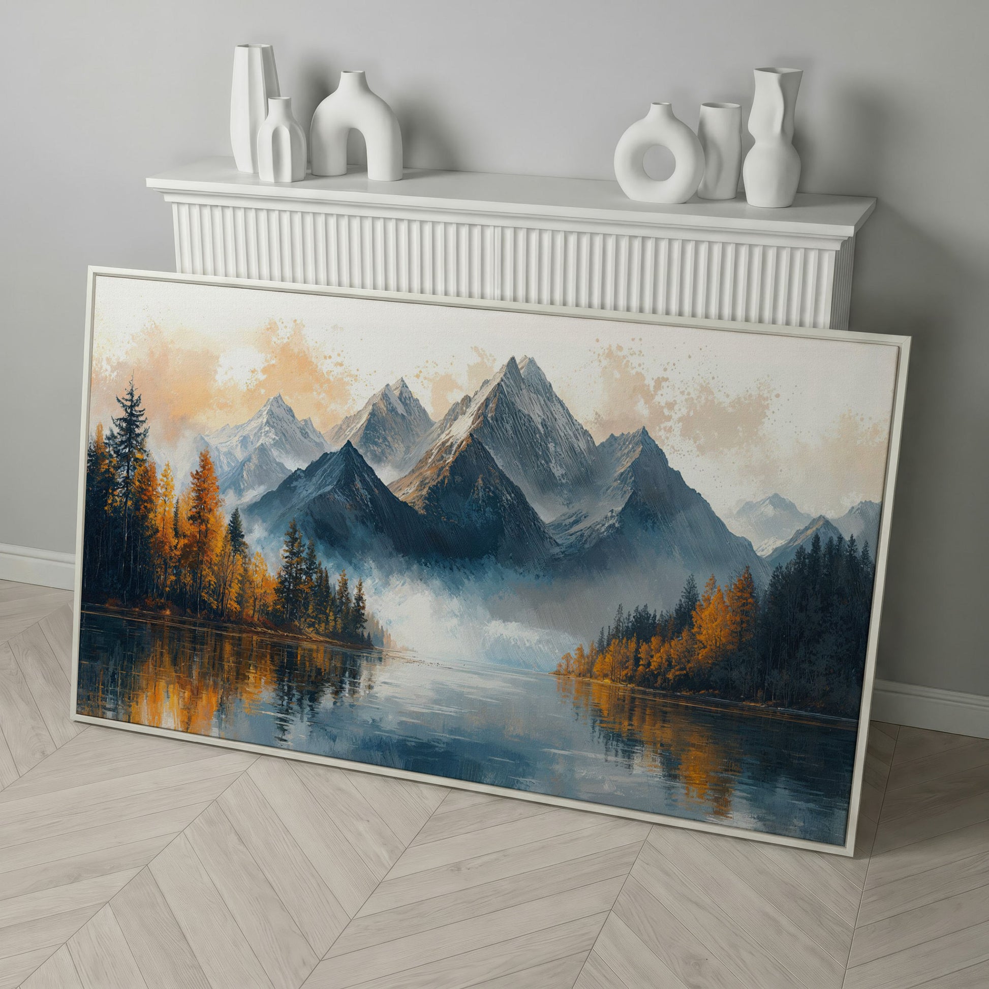 Mountain Vista with Autumn Forest Canvas Print in white floating frame