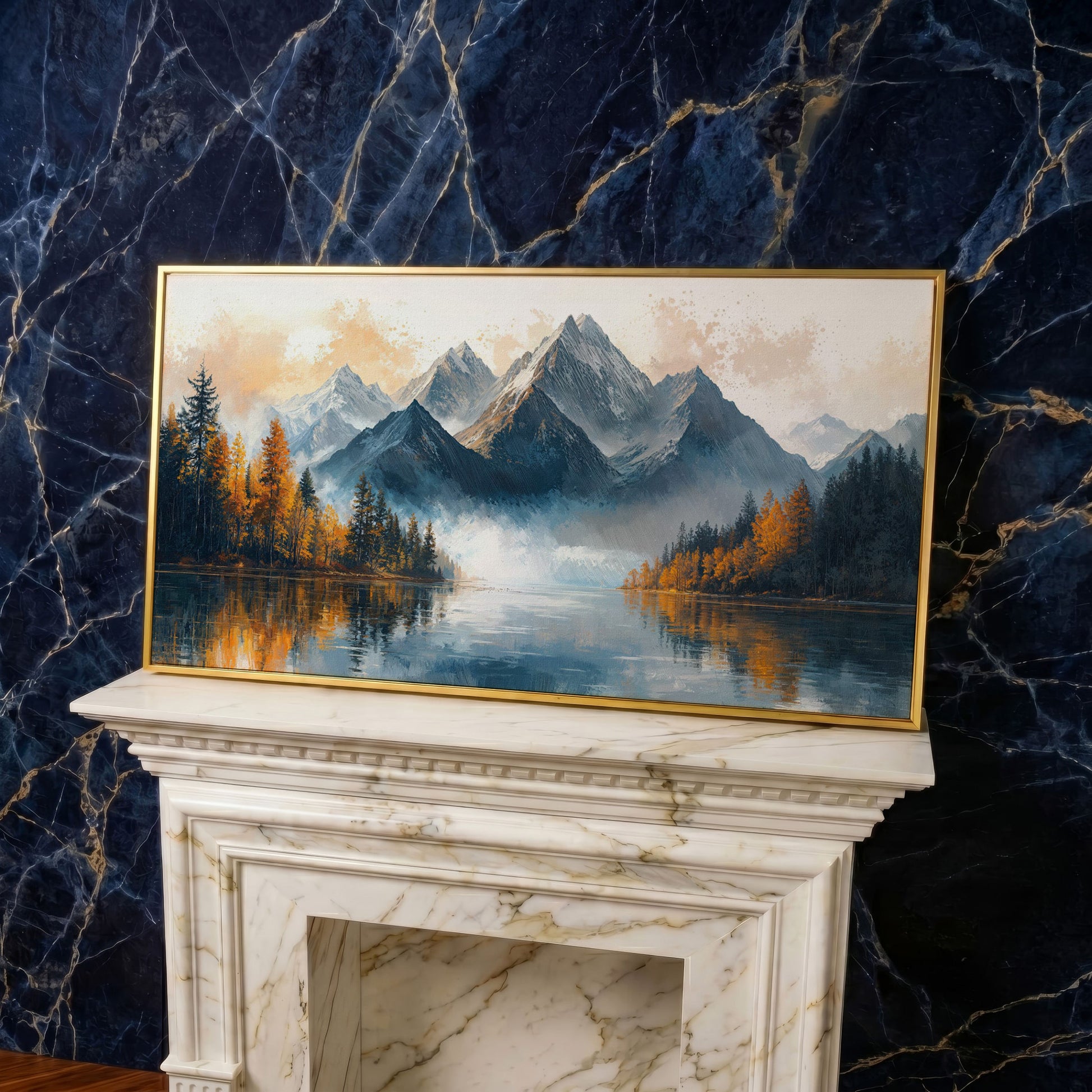 Mountain Vista with Autumn Forest Canvas Print in yellow gold floating frame