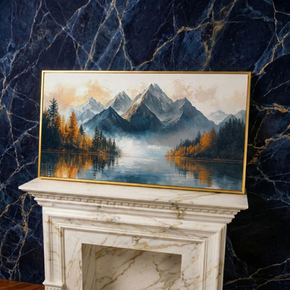 Mountain Vista with Autumn Forest Canvas Print in yellow gold floating frame