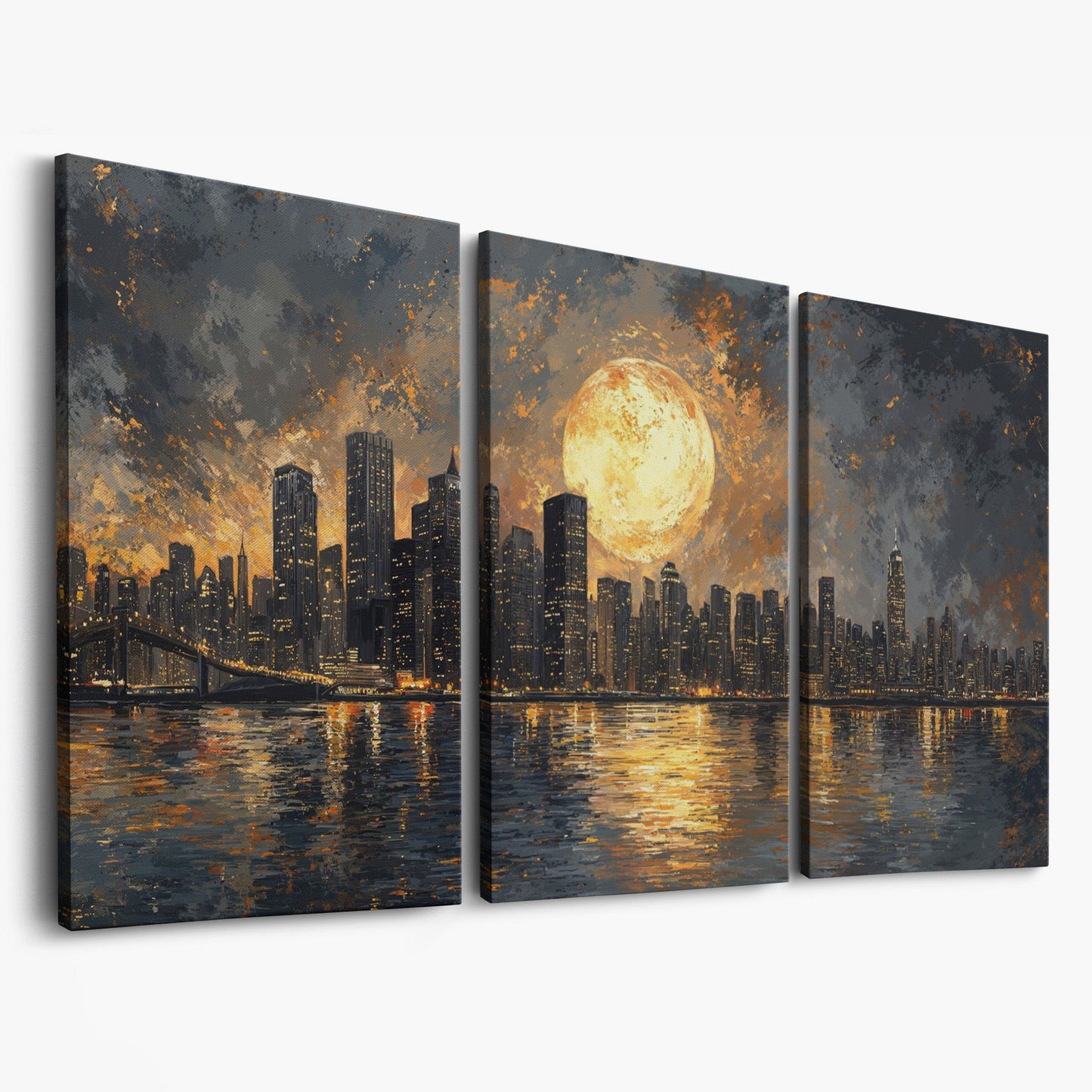 Full Moon Over City Skyline Canvas as 3-panel split version