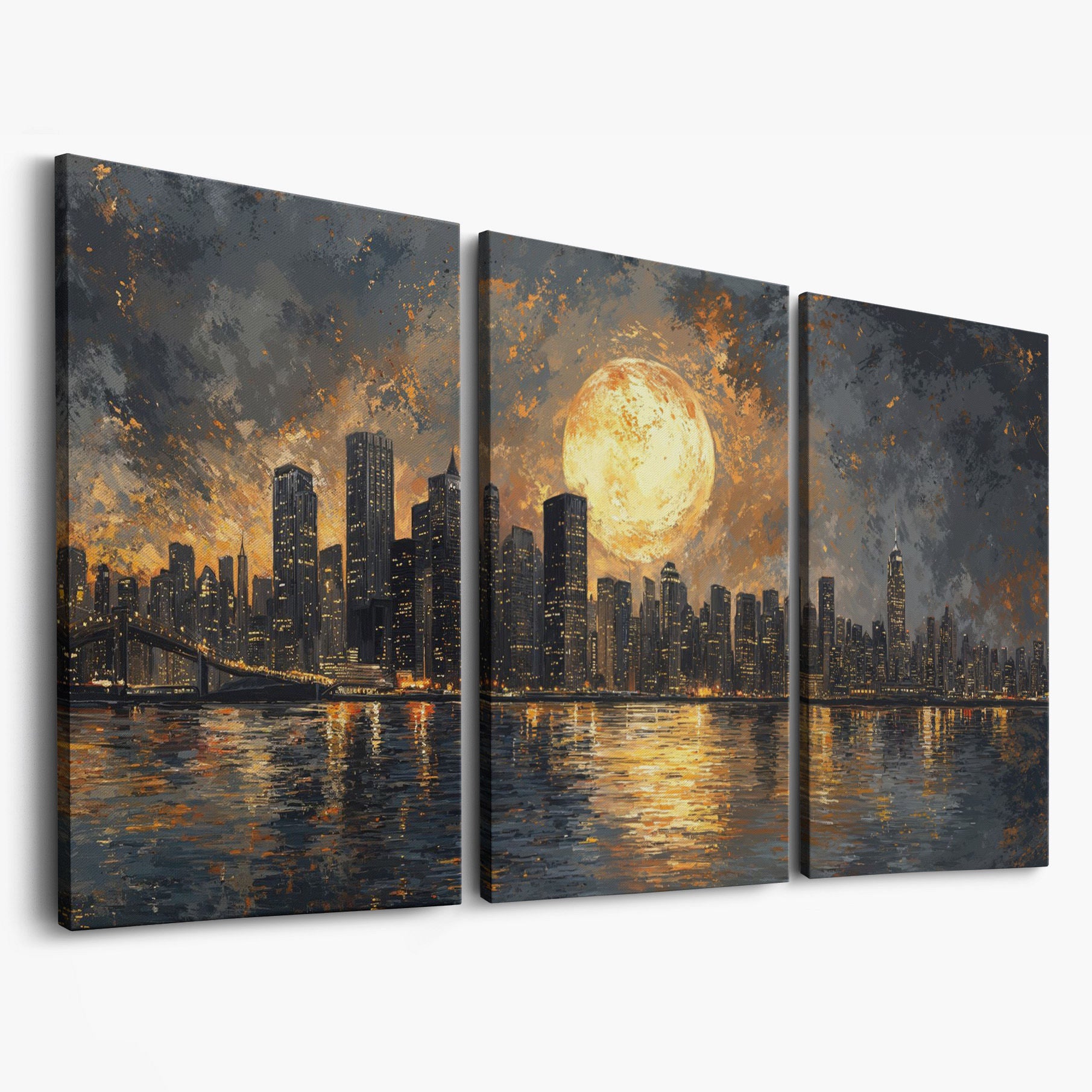 Full Moon Over City Skyline Canvas as 3-panel split version
