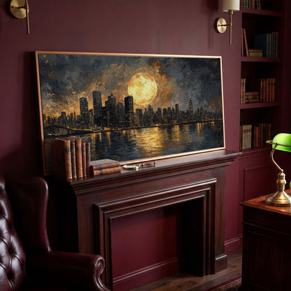 Full Moon Over City Skyline Canvas in antique gold floating frame