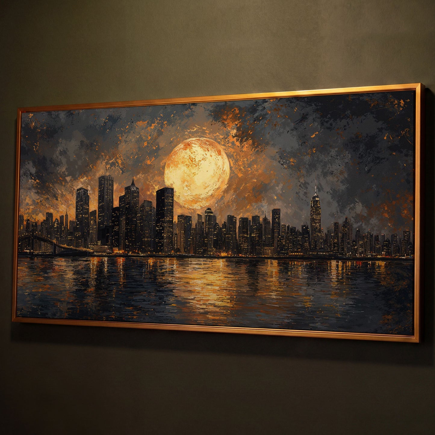 Full Moon Over City Skyline Canvas shown in antique gold floating frame