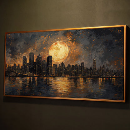 Full Moon Over City Skyline Canvas shown in antique gold floating frame