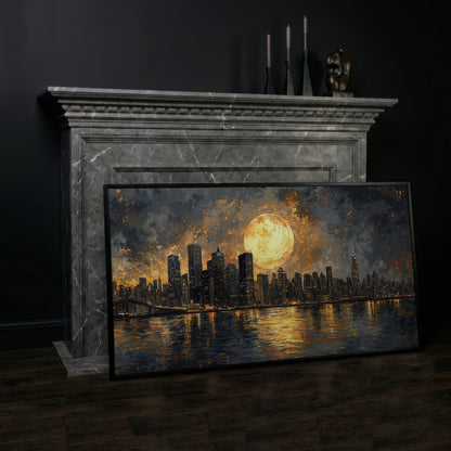 Full Moon Over City Skyline Canvas in black floating frame