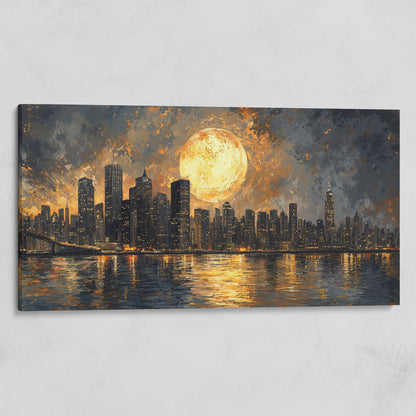 Full Moon Over City Skyline Canvas on gallery wrap