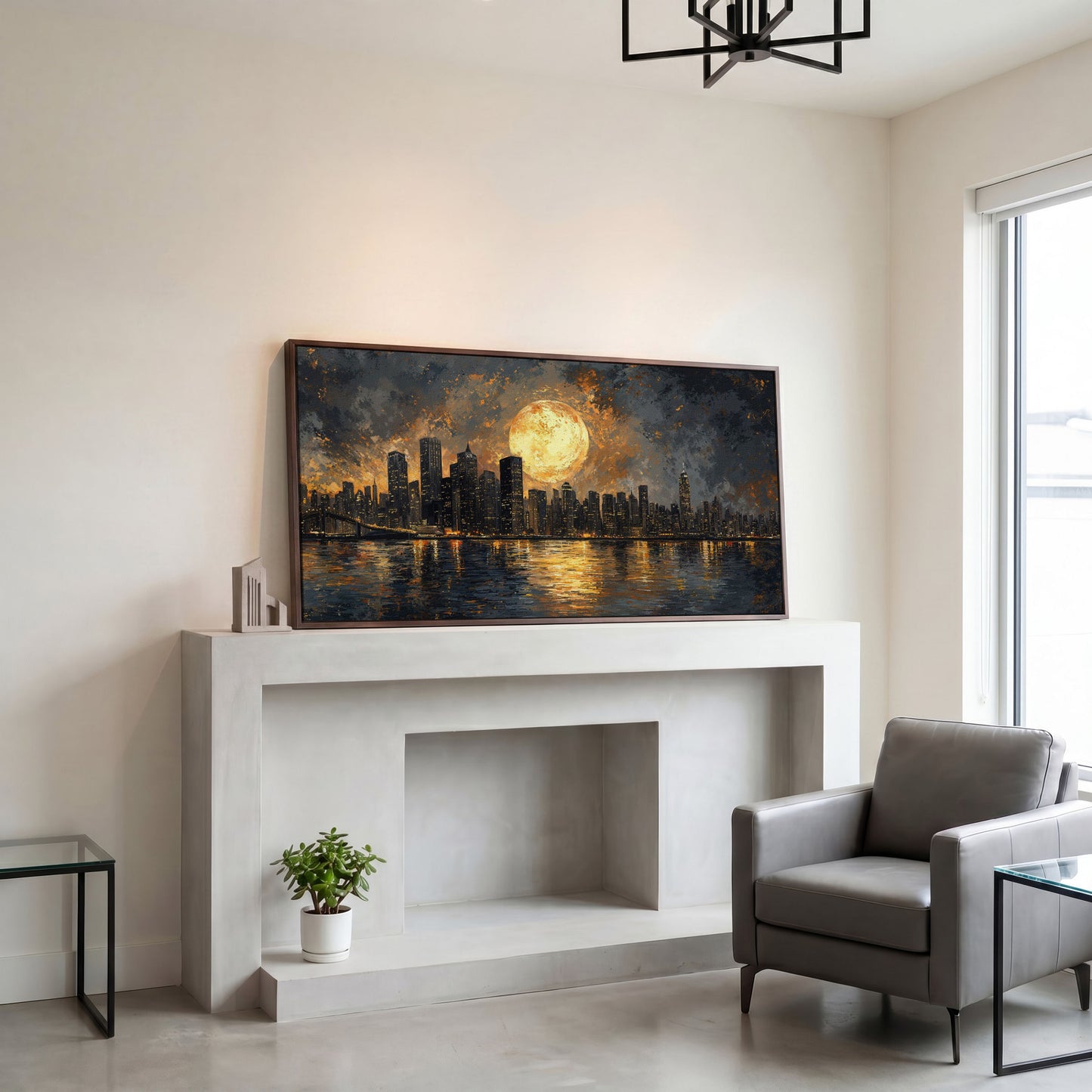 Full Moon Over City Skyline Canvas in dark walnut floating frame