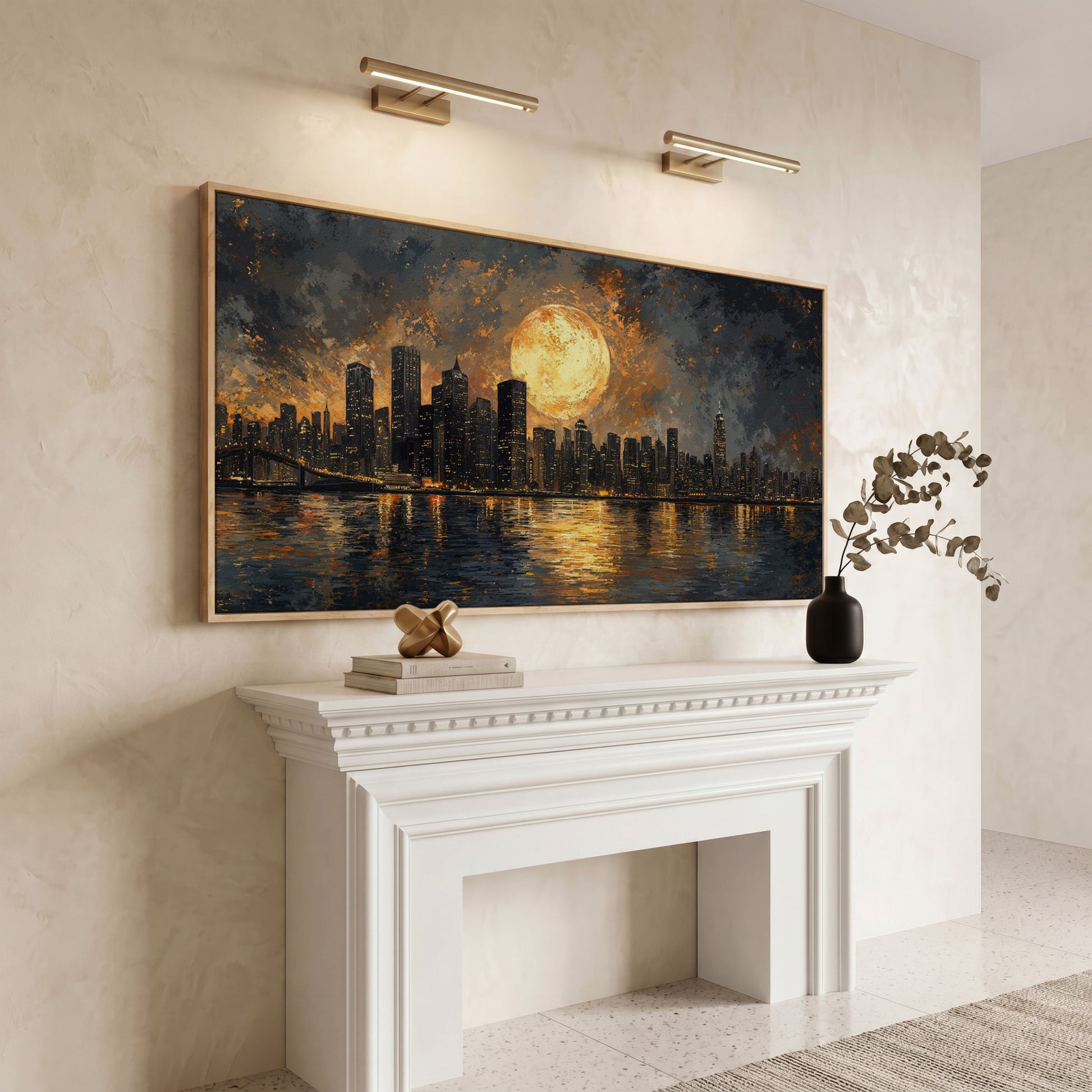 Full Moon Over City Skyline Canvas in white oak floating frame