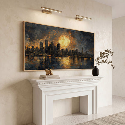 Full Moon Over City Skyline Canvas in white oak floating frame