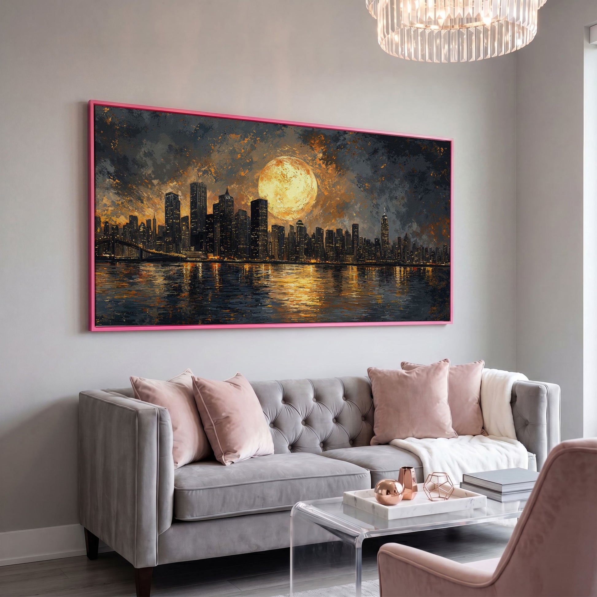 Full Moon Over City Skyline Canvas in pink floating frame