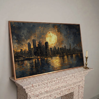 Full Moon Over City Skyline Canvas in rose gold floating frame