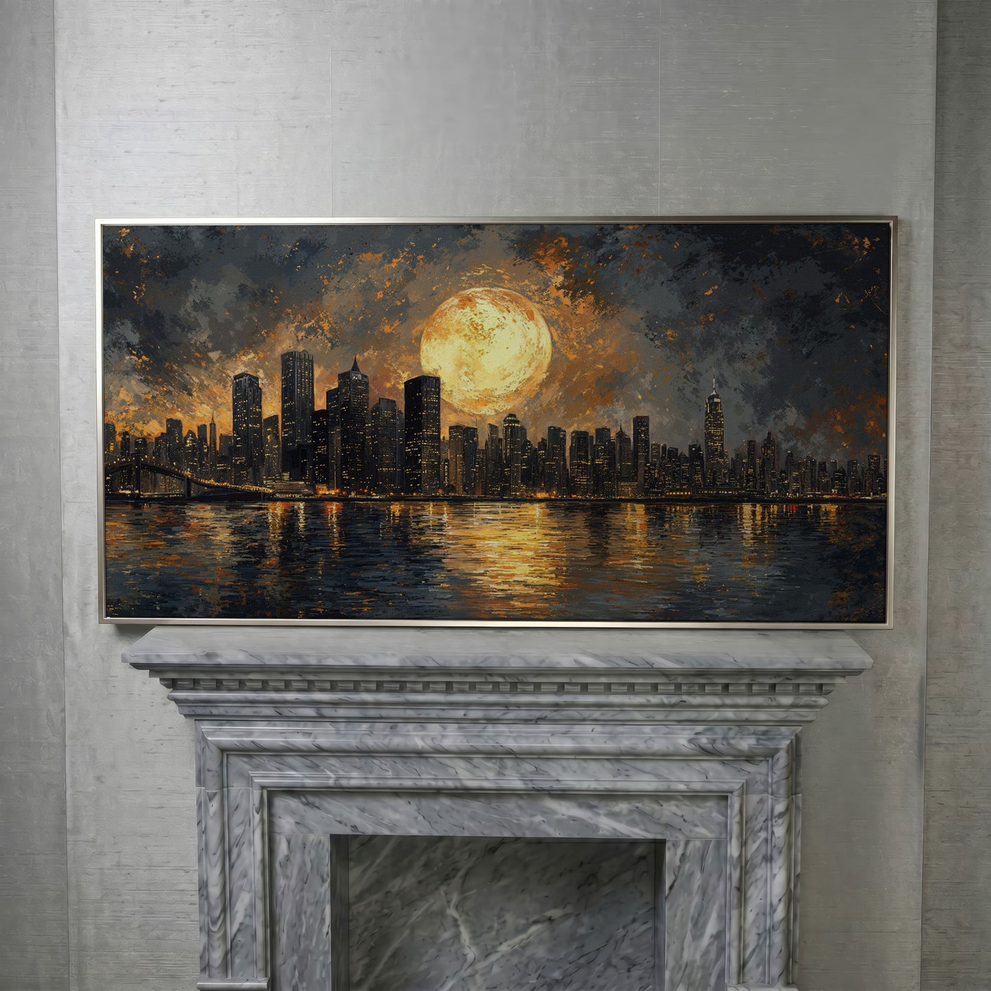 Full Moon Over City Skyline Canvas in silver floating frame