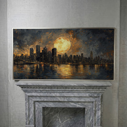 Full Moon Over City Skyline Canvas in silver floating frame