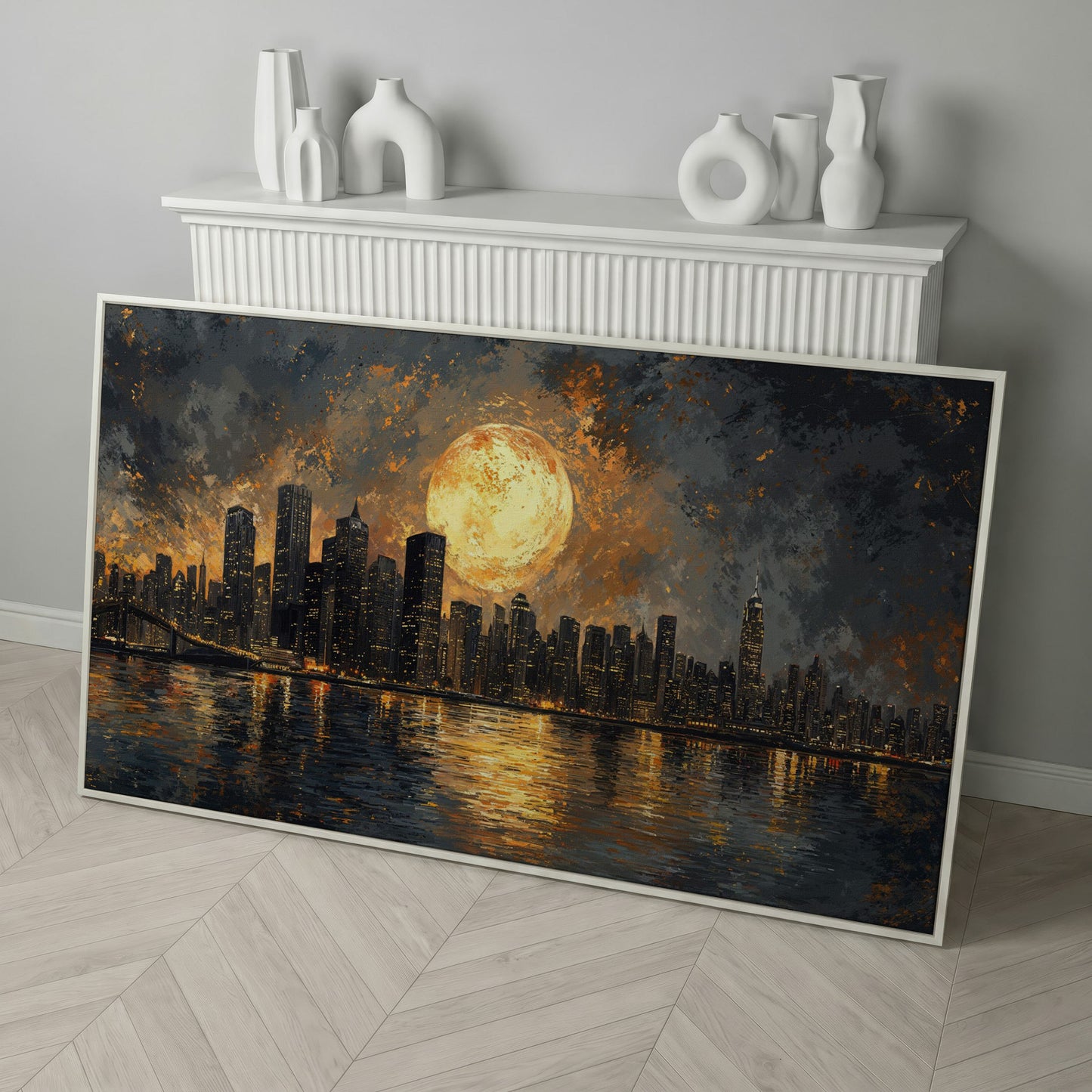 Full Moon Over City Skyline Canvas in white floating frame