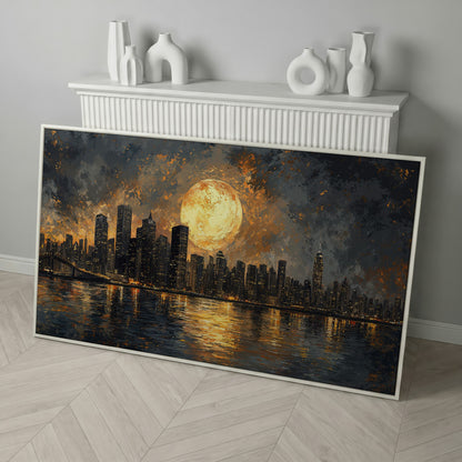 Full Moon Over City Skyline Canvas in white floating frame