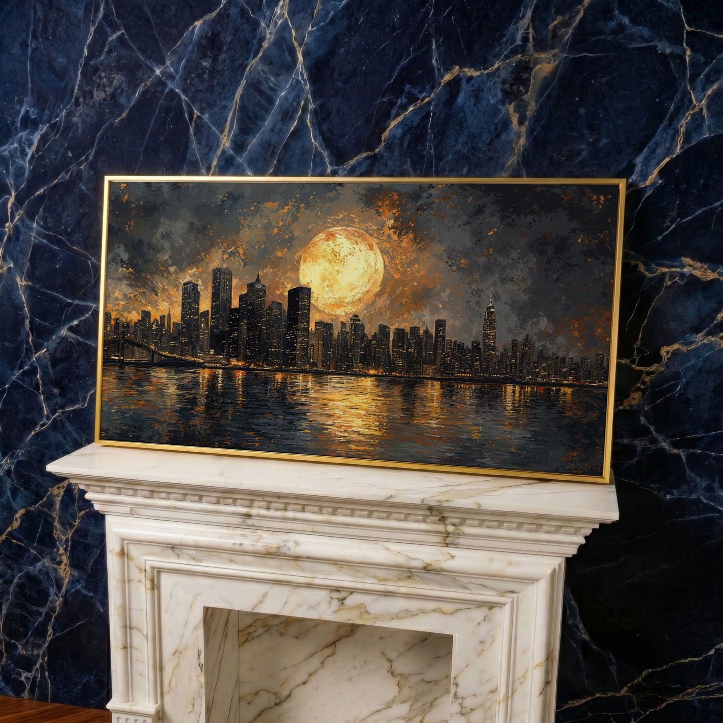 Full Moon Over City Skyline Canvas in yellow gold floating frame