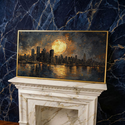 Full Moon Over City Skyline Canvas in yellow gold floating frame