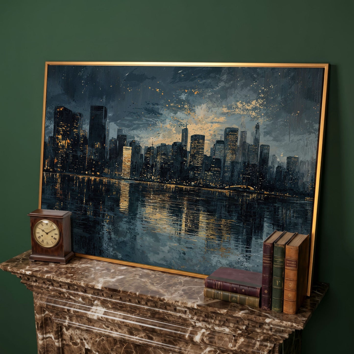 Night Cityscape Reflection Canvas Print in antique gold floating frame