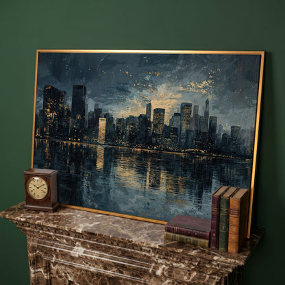 Night Cityscape Reflection Canvas Print in antique gold floating frame