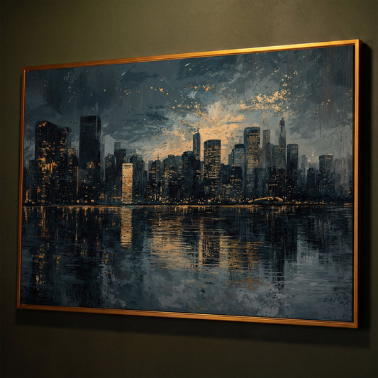 Night Cityscape Reflection Canvas Print shown in antique gold floating frame