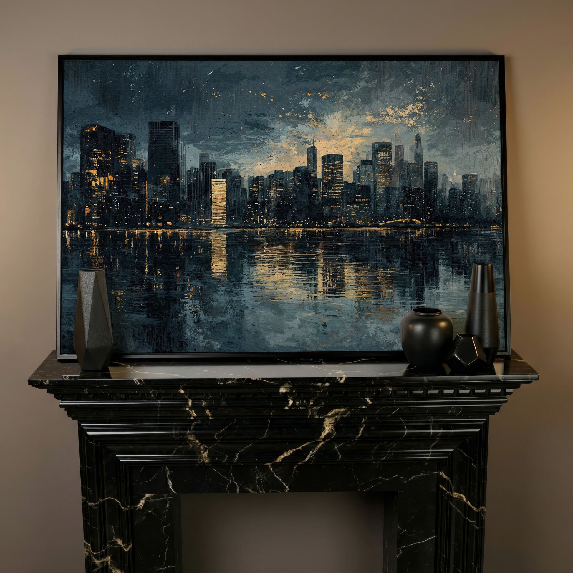 Night Cityscape Reflection Canvas Print in black floating frame