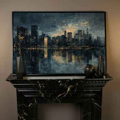 Night Cityscape Reflection Canvas Print in black floating frame