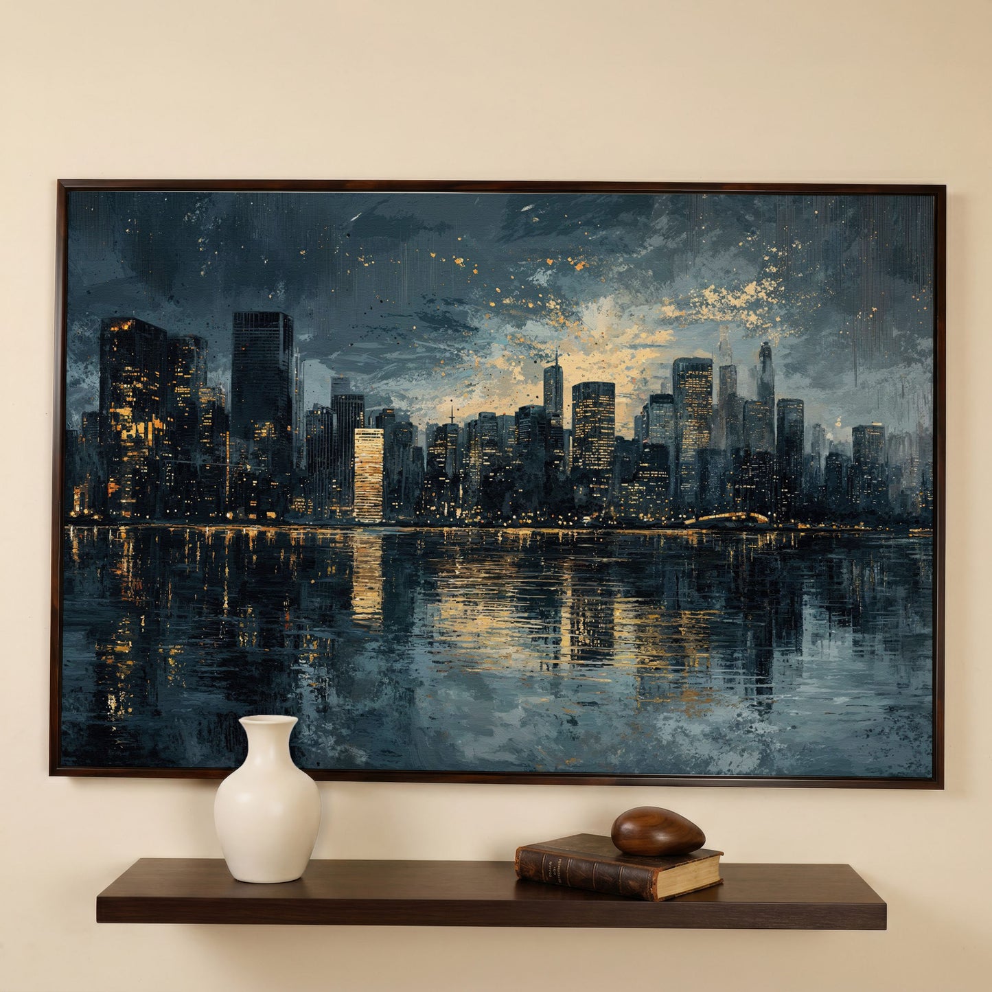 Night Cityscape Reflection Canvas Print in dark walnut floating frame