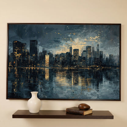Night Cityscape Reflection Canvas Print in dark walnut floating frame