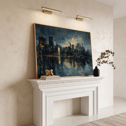 Night Cityscape Reflection Canvas Print in white oak floating frame