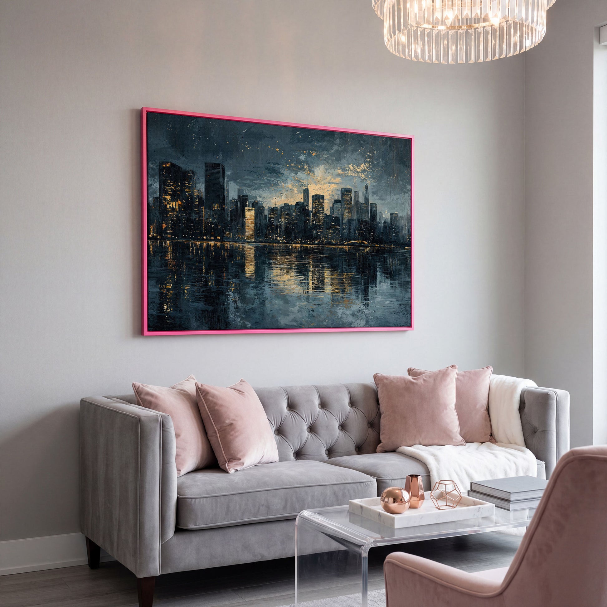 Night Cityscape Reflection Canvas Print in pink floating frame