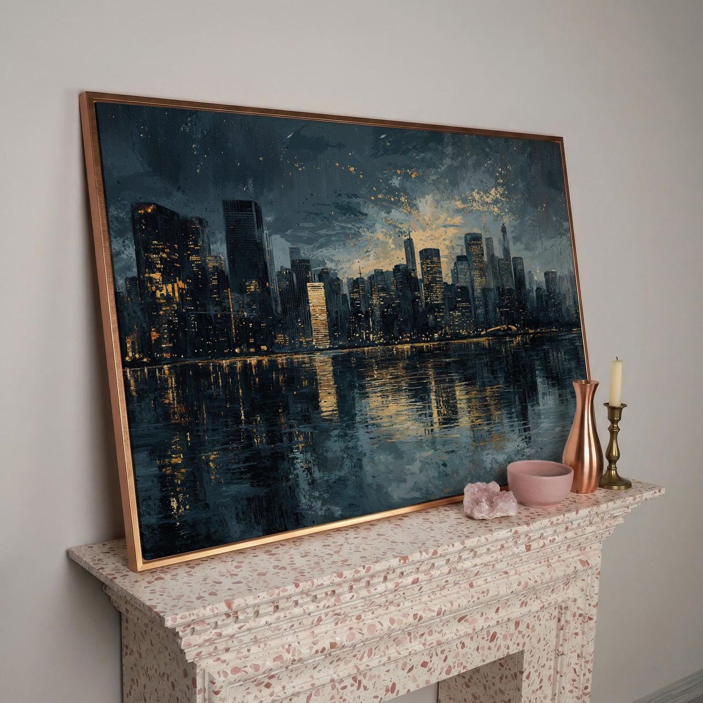 Night Cityscape Reflection Canvas Print in rose gold floating frame