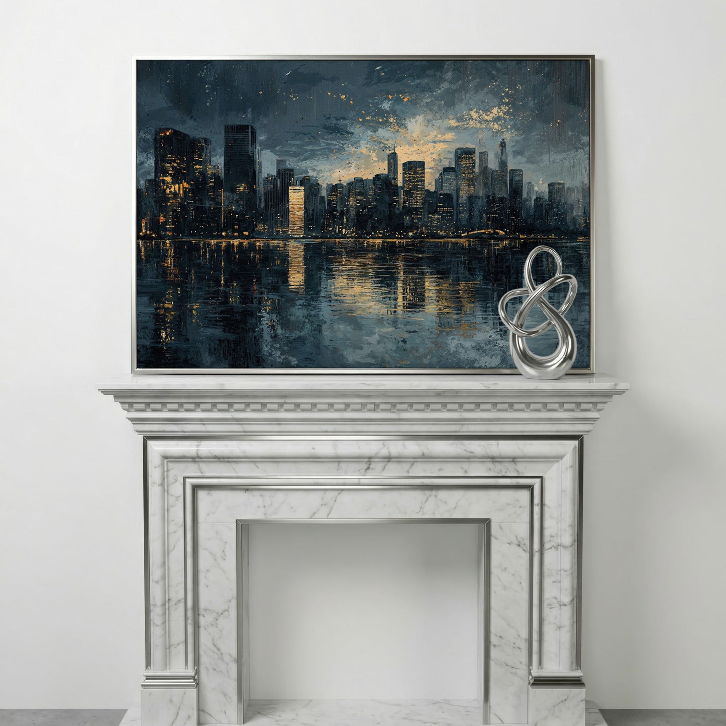 Night Cityscape Reflection Canvas Print in silver floating frame