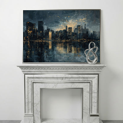 Night Cityscape Reflection Canvas Print in silver floating frame