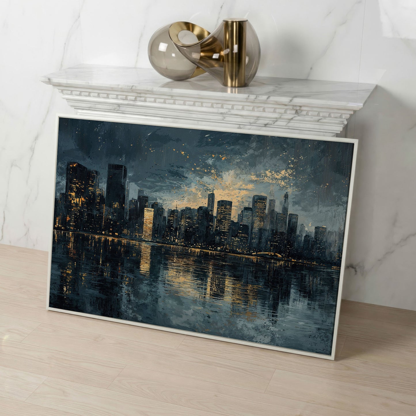 Night Cityscape Reflection Canvas Print in white floating frame